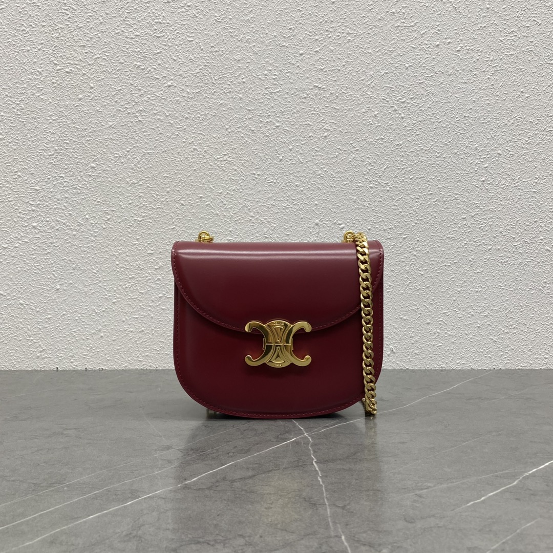 Celine Chain Besace Shoulder Bag Clea In Shiny Calfskin Wine Red 110973